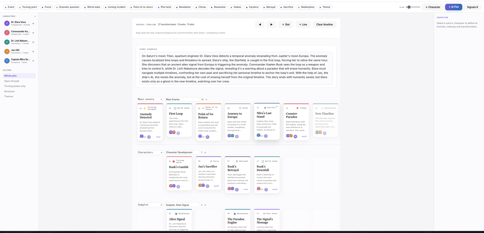 Plot Studio con card narrative su più linee e timeline virtuale
